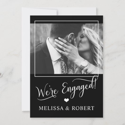 Classy Black White Heart Engagement Party PHOTO Kaart (Voorkant)