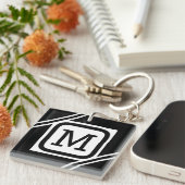 Classy Black & White Simple Square Lined Monogram Sleutelhanger (Voorkant Rechts)