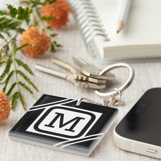 Classy Black & White Simple Square Lined Monogram Sleutelhanger (Voorkant Rechts)