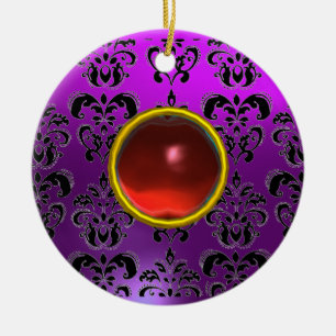 CLASSY BLACK YELLOW DAMASK GEM STONE KERAMISCH ORNAMENT