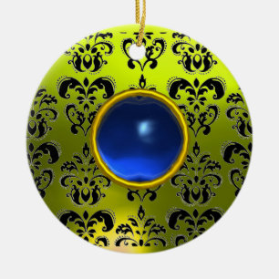 CLASSY BLACK YELLOW DAMASK GEM STONE KERAMISCH ORNAMENT