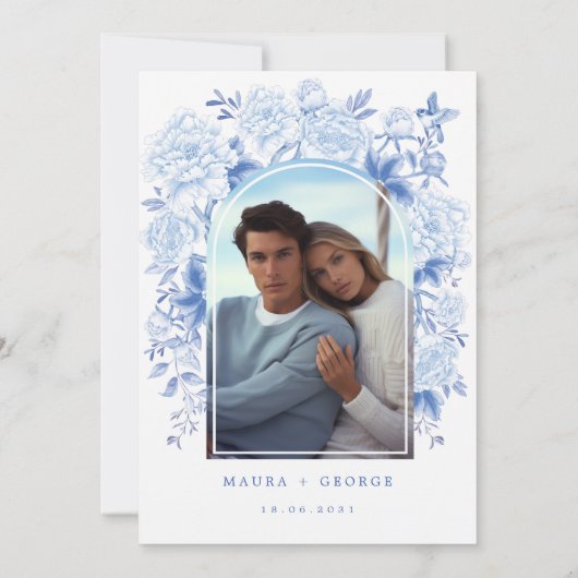 Classy blauw wit Chinoiserie bruiloft foto Bedankkaart (Achterkant)