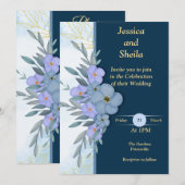 Classy blauwe bloemen bruiloft uitnodiging, kaart (Voorkant / Achterkant)