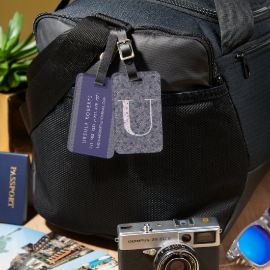 Classy Bloemen Monogrammed Letter U donker paarse Bagagelabel (Voorkant /achterkant)