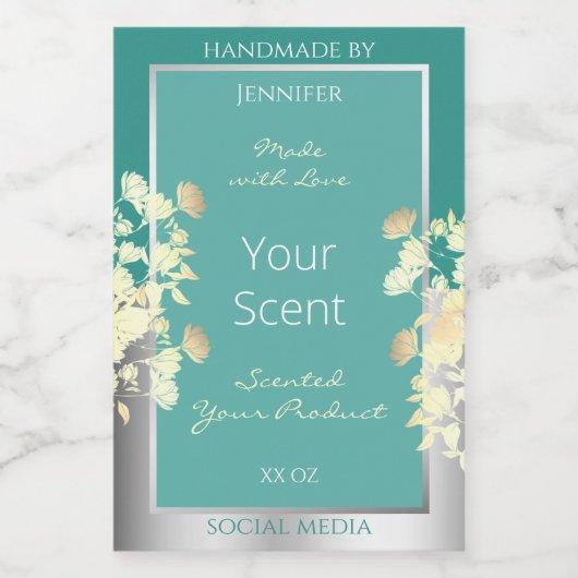 Classy Bloemen Verpakkingsetiketten Blauwgroen Zil Voedselcontainer Etiket (Enkel label)