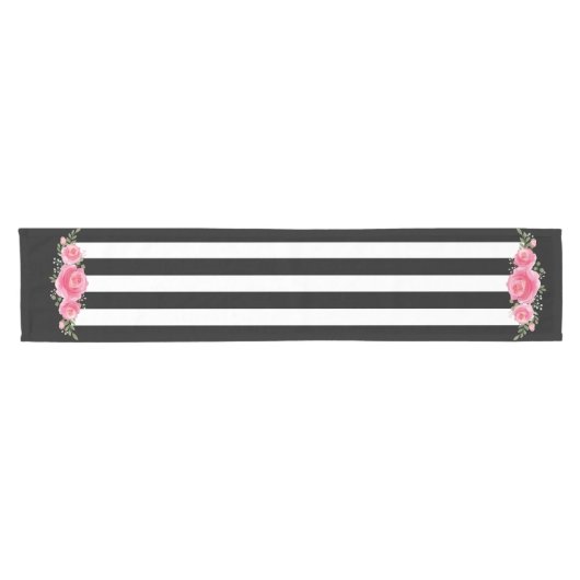 Classy Bloemen zwart en witte strepen tafelloper (Horizontaal)