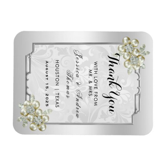 Classy bloemenjuweel, zilveren ingelijste bruiloft magneet (Horizontaal)