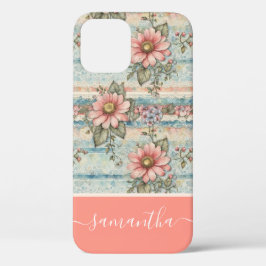 Classy  Bloempatroon Perzik Aangepaste naam iPhone 12 Hoesje