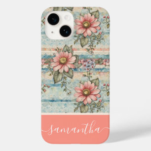 Classy  Bloempatroon Perzik Aangepaste naam Case-Mate iPhone 14 Hoesje