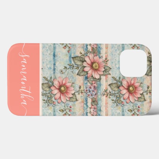 Classy Bloempatroon Perzik Aangepaste naam Case-Mate iPhone Case (Achterkant (horizontaal))