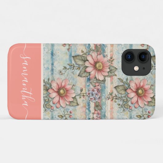 Classy  Bloempatroon Perzik Aangepaste naam Case-Mate iPhone Case (Achterkant (horizontaal))