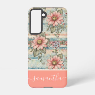 Classy  Bloempatroon Perzik Aangepaste naam Samsung Galaxy Hoesje