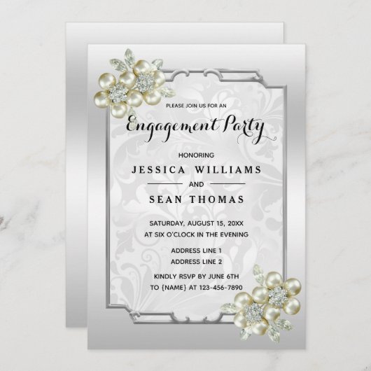 Classy bloemsieraad, zilver ingelijst Verloving Kaart (Voorkant / Achterkant)