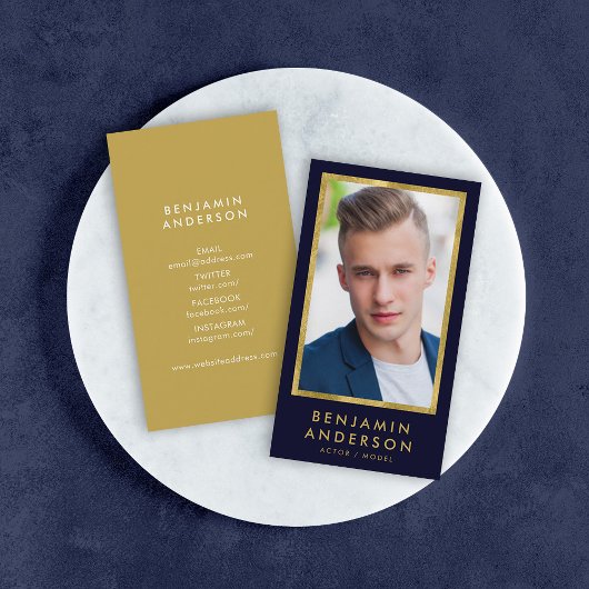 Classy Blue Faux Gold Headshot Foto Visitekaartje