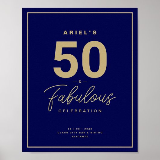 Classy Blue & Gold 50 & Fabulous Birthday Party Poster (Voorkant)