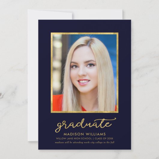 Classy Blue Gold Photo Afstuderen kondiging Aankondiging (Voorkant)