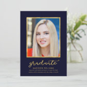 Classy Blue Gold Photo Faire-part de graduation (Debout devant)