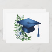 Classy Blue Graduation Cap en Green Botanical Bedankkaart (Voorkant / Achterkant)