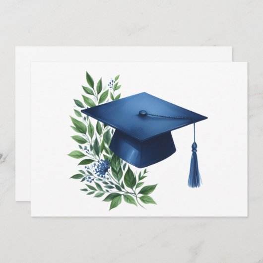 Classy Blue Graduation Cap en Green Botanical Bedankkaart (Voorkant / Achterkant)