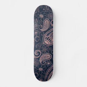 Classy Blue Roos Gold Glitter Paisley Floral Skateboard