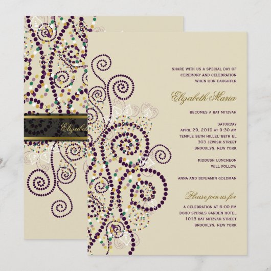 Classy Boho Paarse Spirals Bat/Bar Mitvah Invite Kaart (Voorkant / Achterkant)