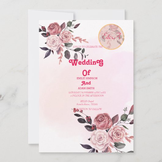 CLASSY BOHO ROZE BLOEMENBRUILOFT KAART (Voorkant)