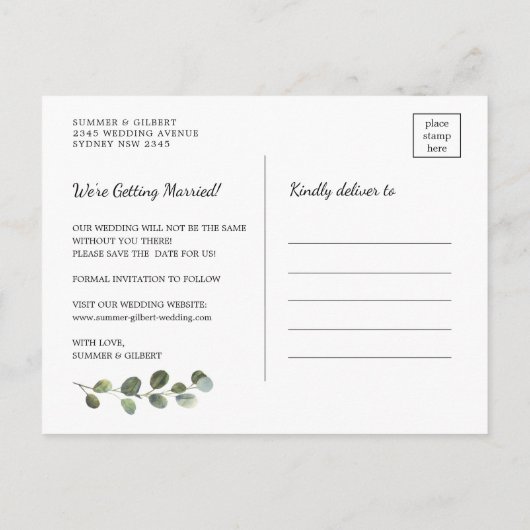 Classy Botanical Greenery Gold Bewaar de datum Aankondigingskaart (Achterkant)