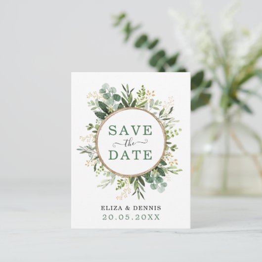 Classy Botanical Greenery Gold Bewaar de datum Aankondigingskaart (Staand voorkant)