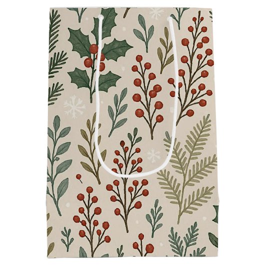 Classy Botanical Holly Berry Floral Art Pattern Medium Cadeauzakje (Achterkant)