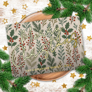 Classy Botanical Holly Berry Floral Pattern Gold Folie Feestdagenkaart