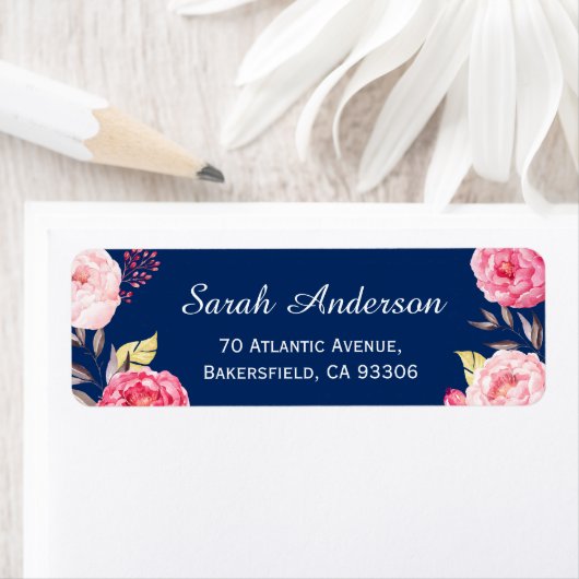 Classy Botanical Pink Flowers Navy Blue Etiket (Insitu)