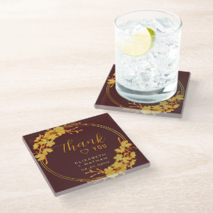 Classy Burgundy Gold Floral Weddenschap Hartelijk Glazen Onderzetter