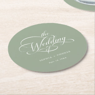 Classy Calligraphy Wedding Sage Green Ronde Kartonnen Onderzetter