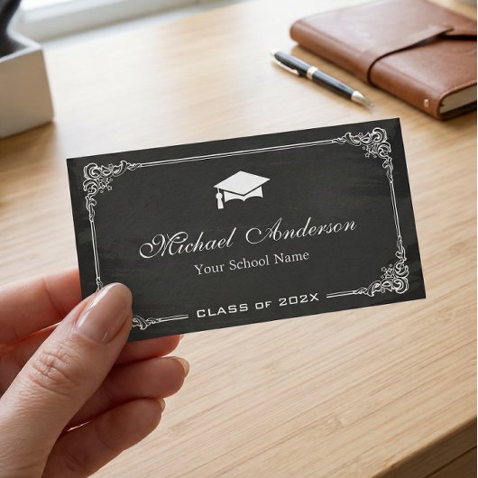 Classy Chalkboard Black White Afstuderen student Contactkaartje