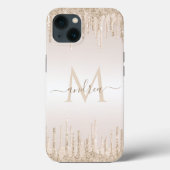 Classy Champagne Glitter Dripping Monogramname Case-Mate iPhone Case (Achterkant)