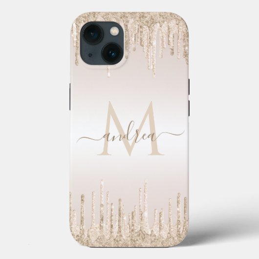 Classy Champagne Glitter Dripping Monogramname Case-Mate iPhone Case (Achterkant)