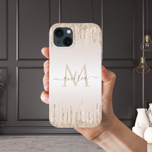 Classy Champagne Glitter Dripping Monogramname Case-Mate iPhone Case
