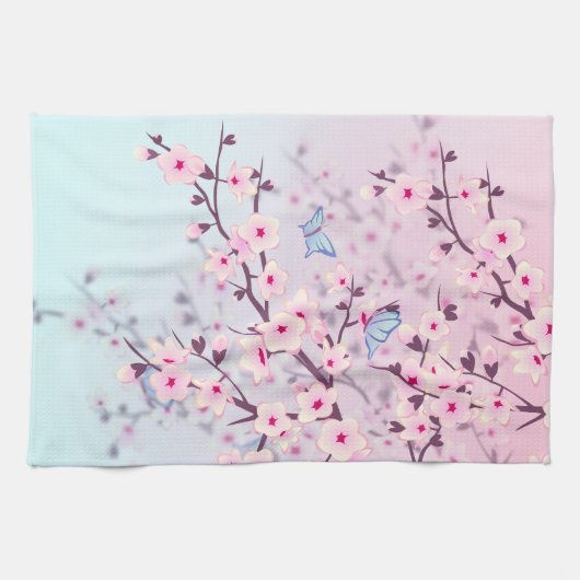 Classy Cherry Blossom Landschap Roze Blauw Theedoek (Horizontaal)