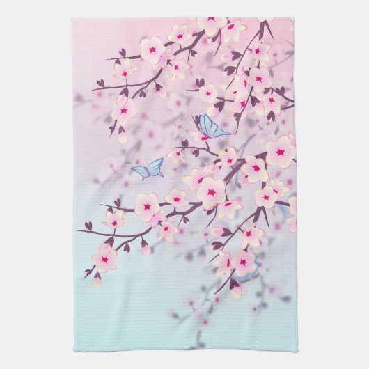 Classy Cherry Blossom Landschap Roze Blauw Theedoek (Verticaal)