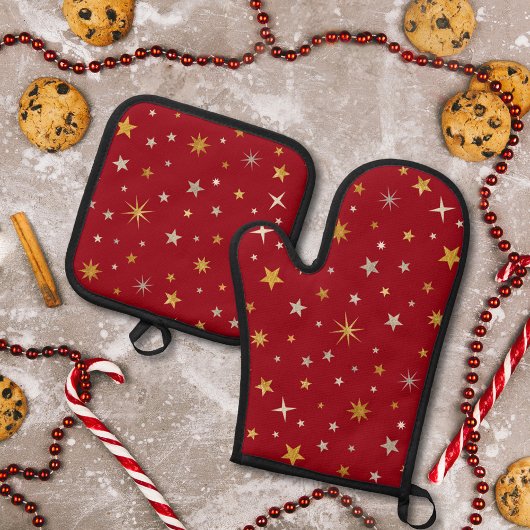 Classy Chic Elegant Gold Silver Red Kerstster Ovenwant & Pannenlap Set