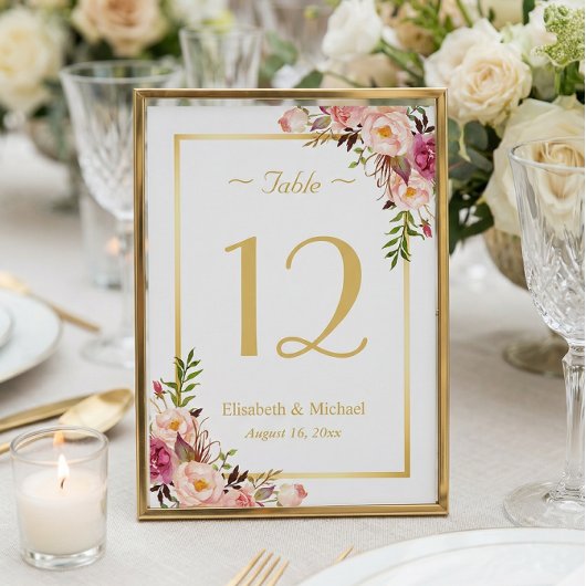 Classy Chic Rose Floral Or Mariage Numéro de table