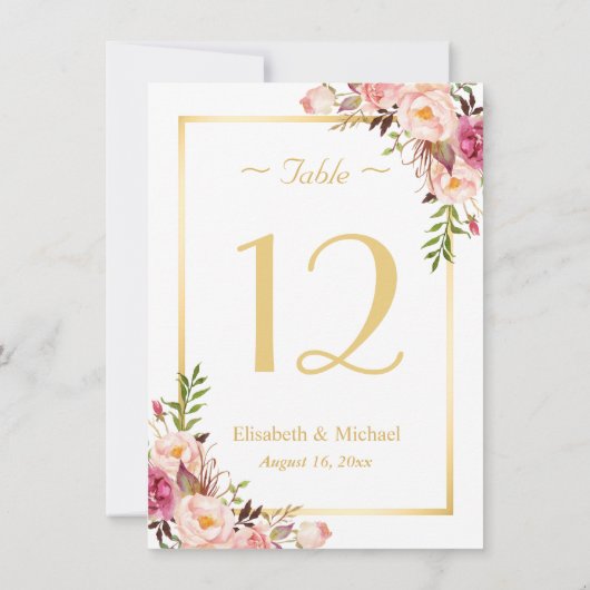 Classy Chic Roze Bloemen Goud Bruiloft Tafel Numme Kaart (Achterkant)