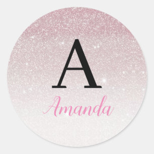 Classy Chic Roze Glitter Monogram Naam + Initiaal Ronde Sticker