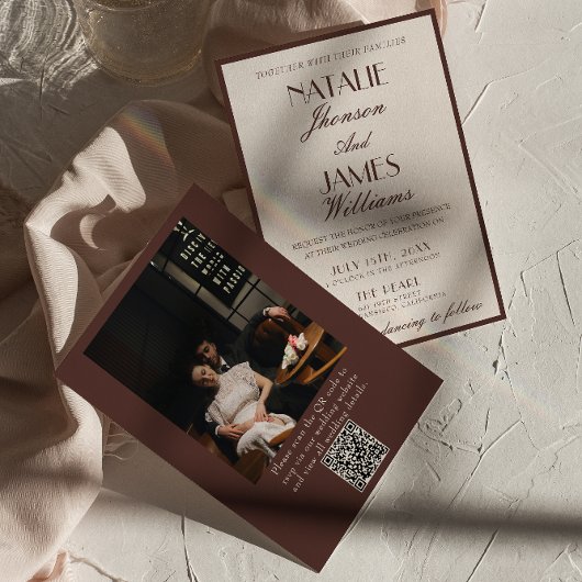 Classy Chocolate Brown Fancy Photo QR Code Wedding Kaart