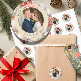 Classy Circle Onze eerste getrouwde kerstfoto Ronde Sticker