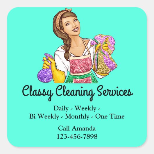 Classy Cleaning Services Maid Housekeeper Mint Vierkante Sticker (Voorkant)