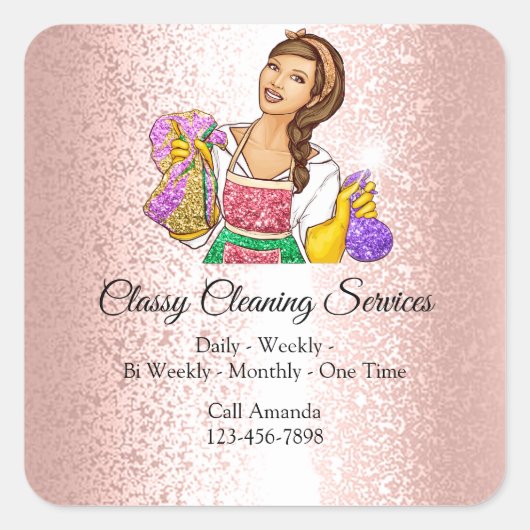 Classy Cleaning Services Maid Housekeeper Roos Vierkante Sticker (Voorkant)