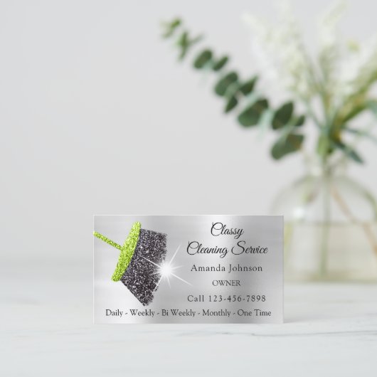 Classy Cleaning Services Silver Mint Glitter Grey Visitekaartje (Staand voorkant)
