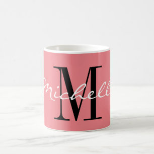 Classy coral roze en white custom name monogram koffiemok