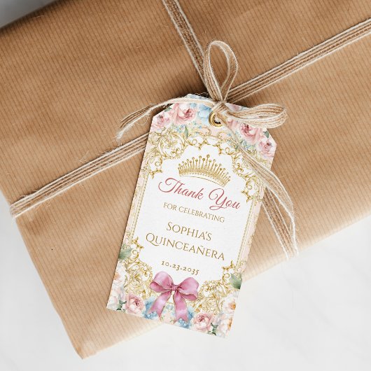 Classy Crown Pink Bow Floral Quinceanera Cadeaulabel
